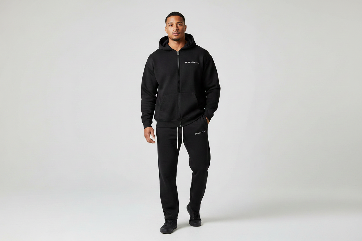 BENEFITCIAL Black Zip Hoodie and Sweatpants on man